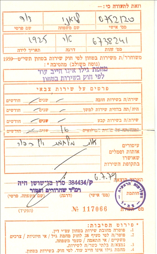 David Liani’s army reserve service dismissal certificate 